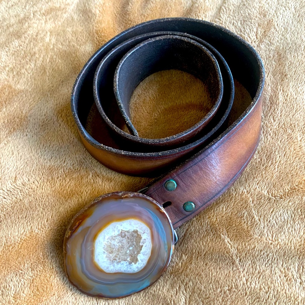 COPY - Estate Rare Agate Crystal Buckle, Belt Leather. Vintage